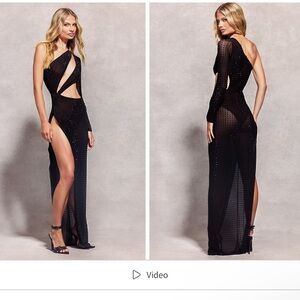 Pretty Little Thing Black Embellished Mesh One Sleeve Extreme CutOut Dress 6/S